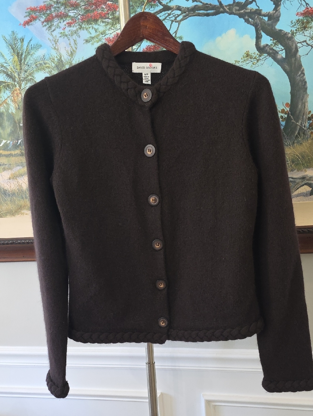 david brooks Chocolate Brown Braided-Trim Wool Cardigan